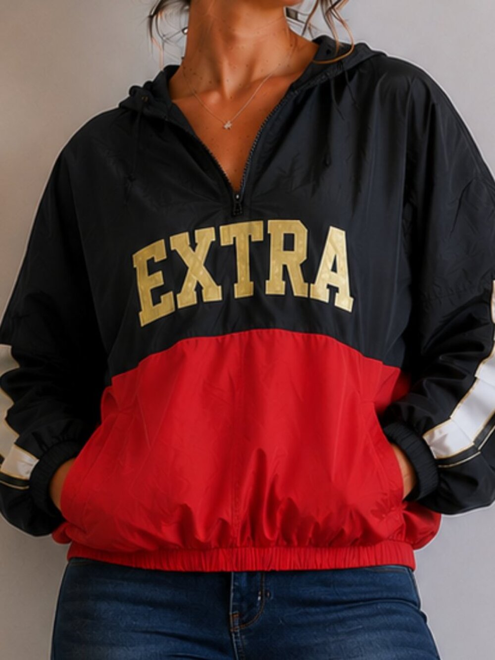 Stella Tweed Red and Black Colorblock Hooded Pullover Jacket with Extra Graphic